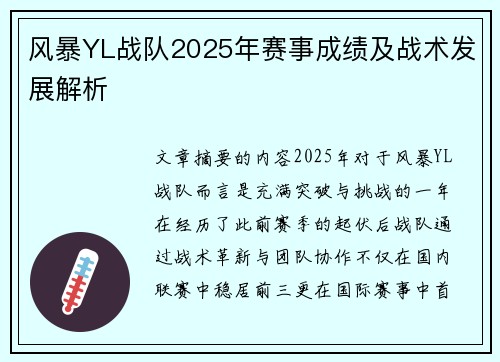 风暴YL战队2025年赛事成绩及战术发展解析
